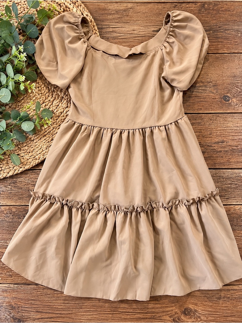 Kids Tiered Puff-Sleeve Dress in Tan 716
